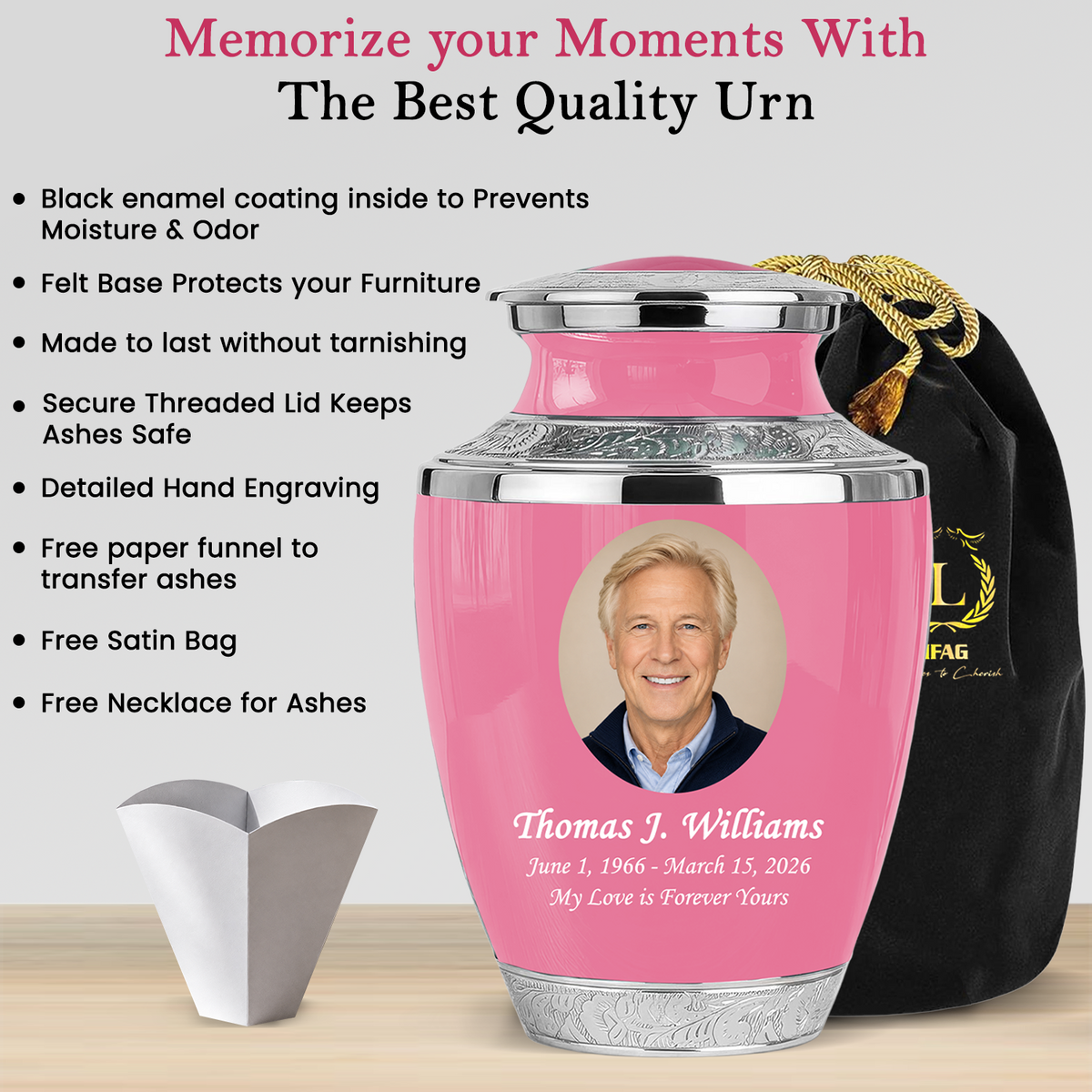 Pink Personalized Funeral Urn with Ash Necklace