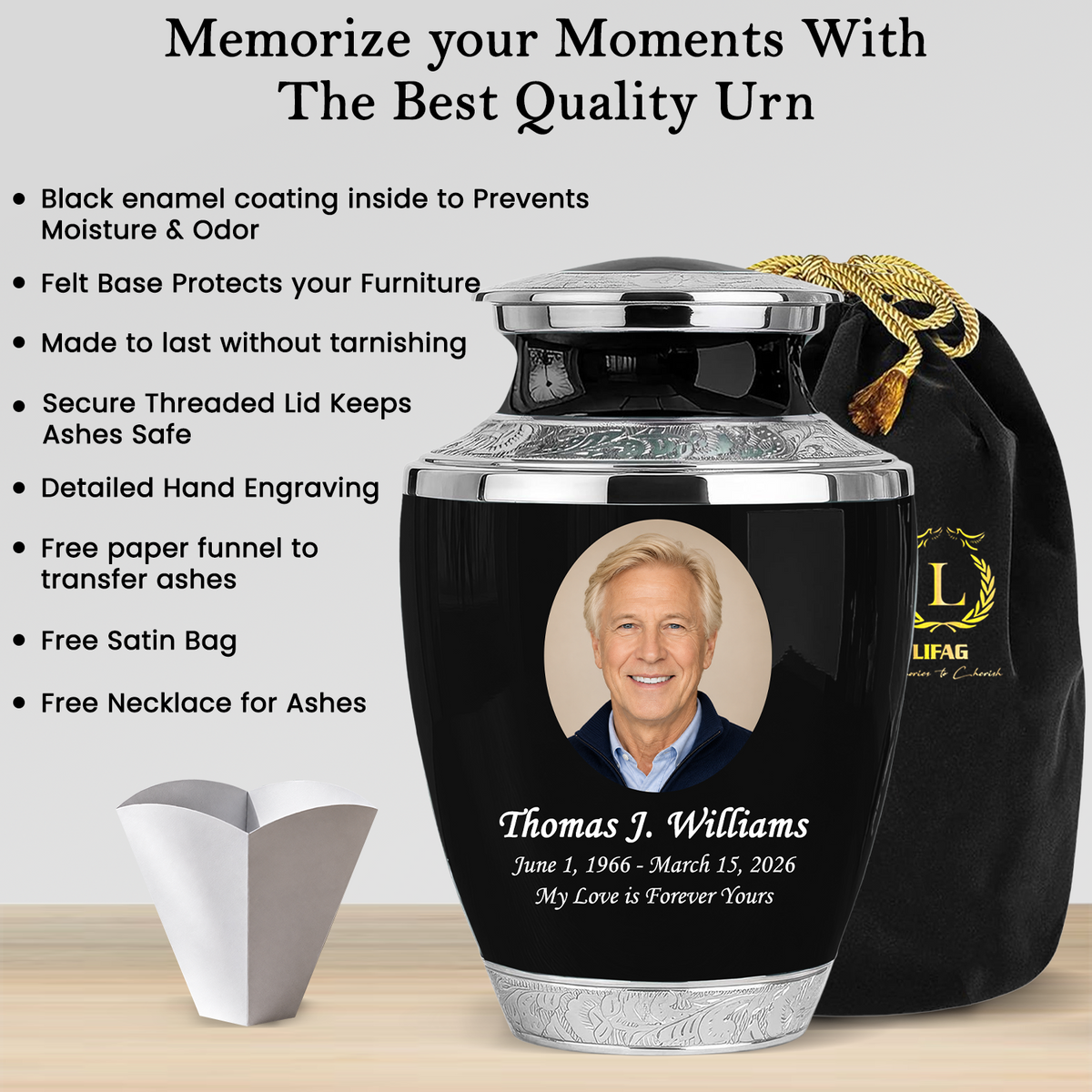 Black Funeral & Cremation Custom Urns for Human Ashes Adult Man