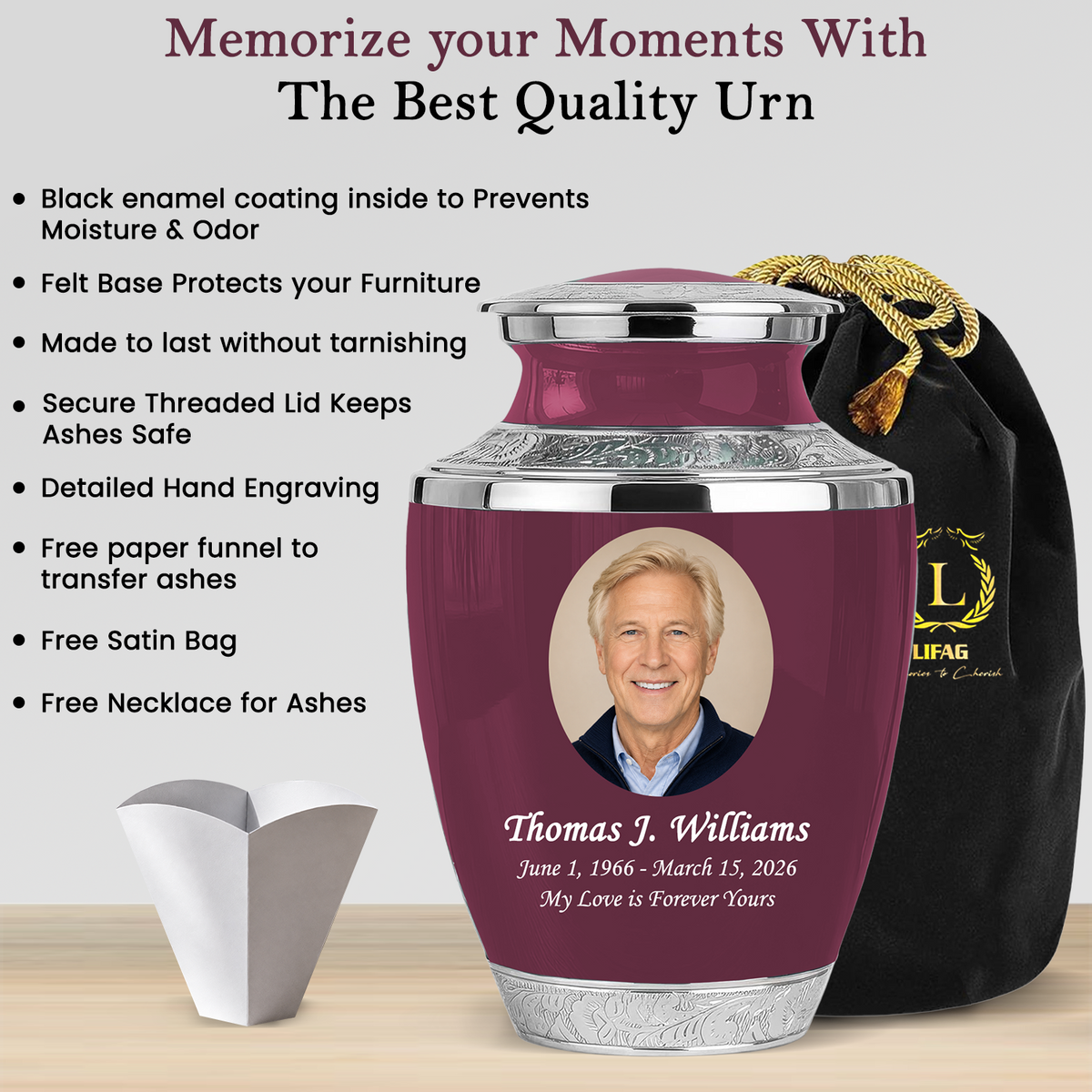 Burgundy Personalized Funeral Urn with Ash Necklace
