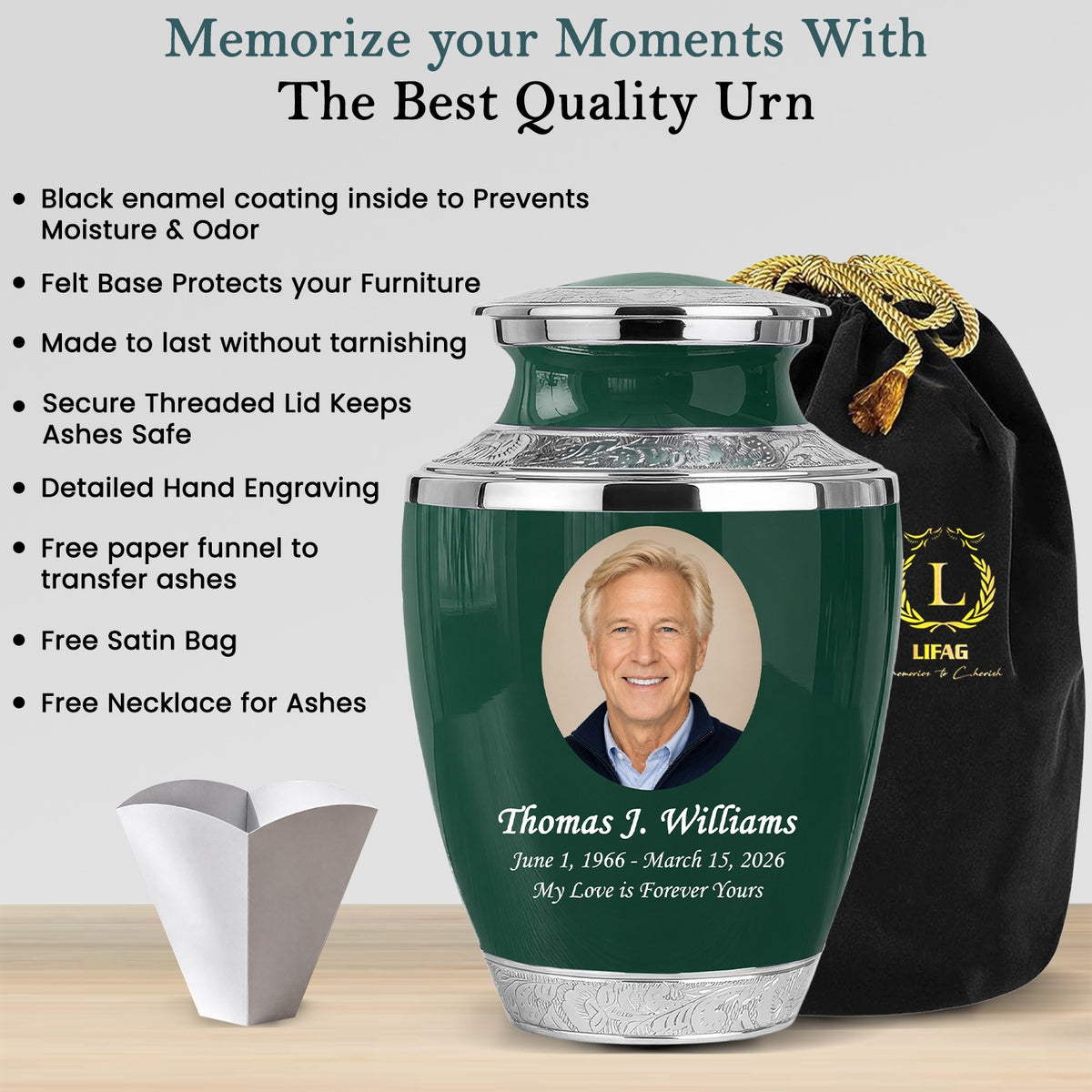 Green Personalized Funeral Urn – Large Adult Cremation Urn