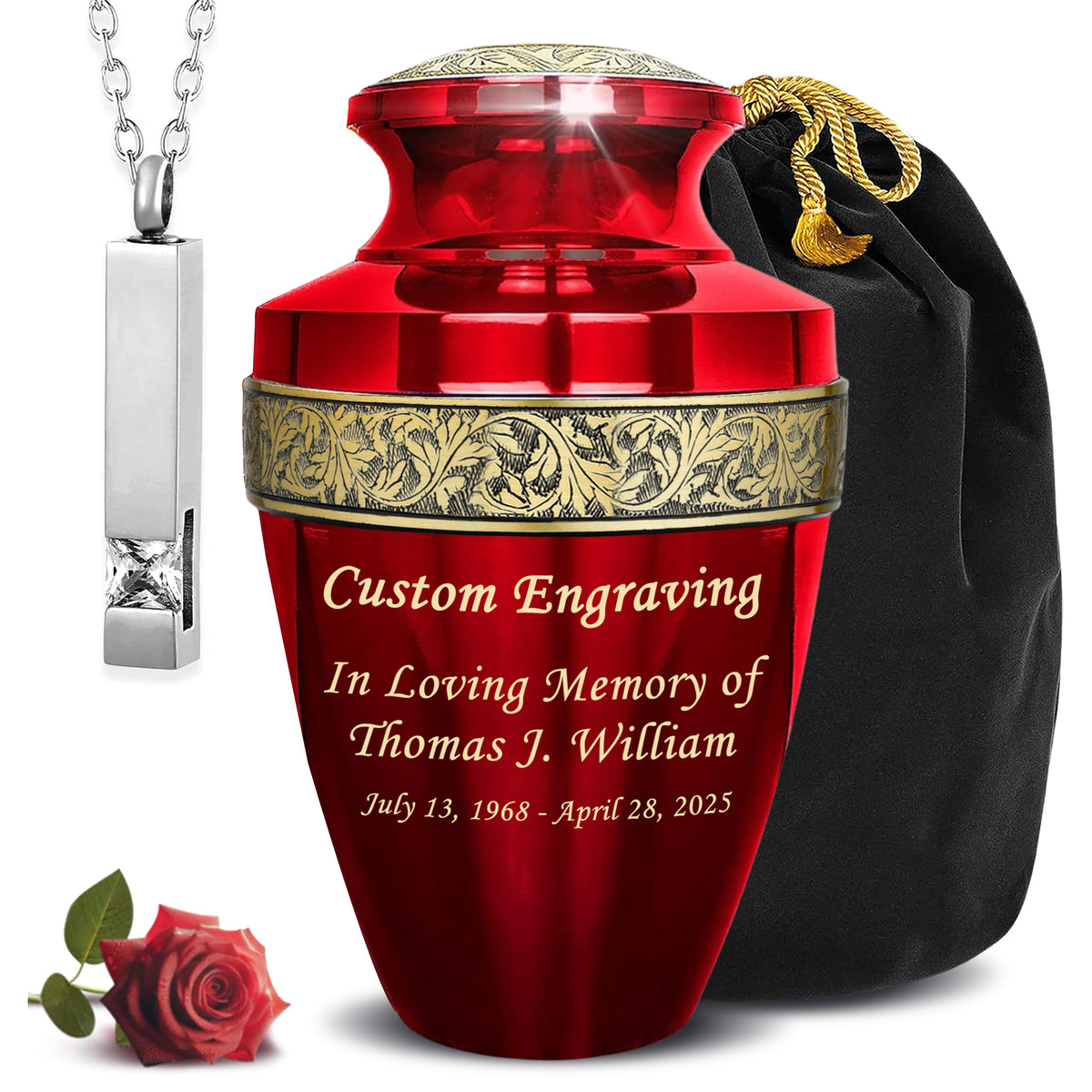 Red Personalized Urn Set of 6 with Ash Necklace