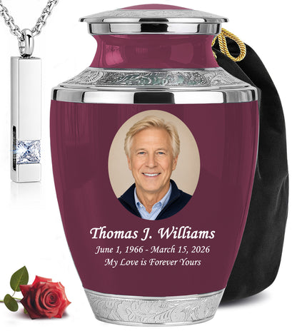 Burgundy Personalized Funeral Urn with Ash Necklace
