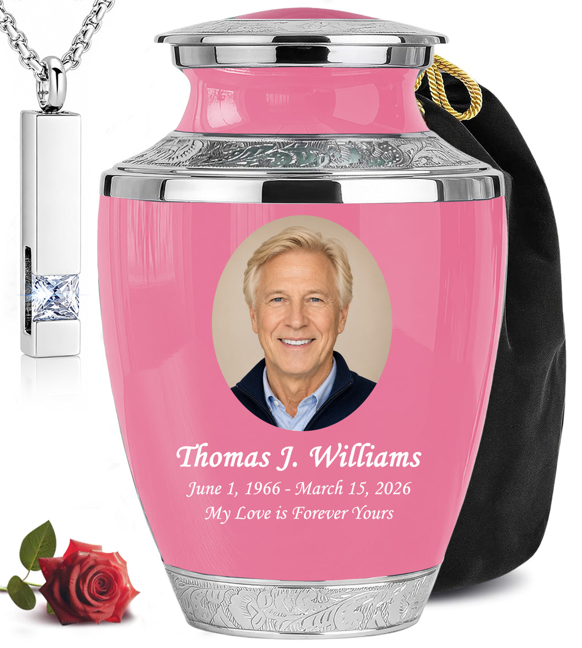 Pink Personalized Funeral Urn with Ash Necklace