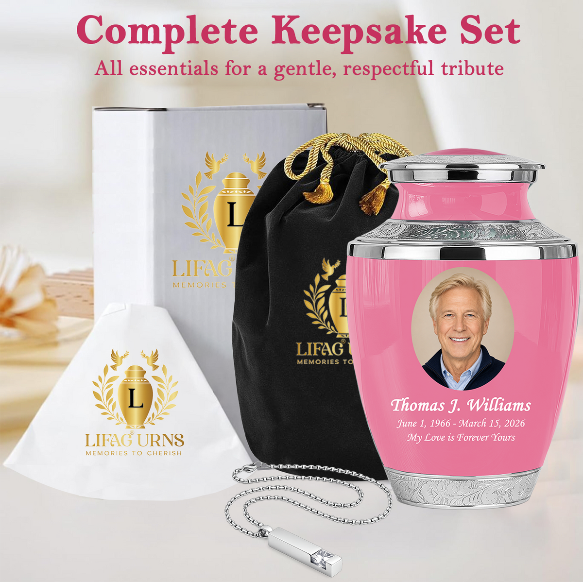 Pink Personalized Funeral Urn with Ash Necklace