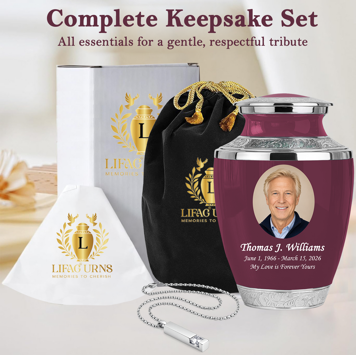 Burgundy Personalized Funeral Urn with Ash Necklace