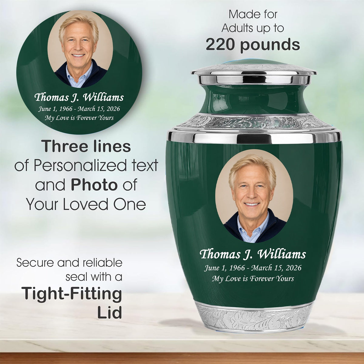 Green Personalized Funeral Urn – Large Adult Cremation Urn