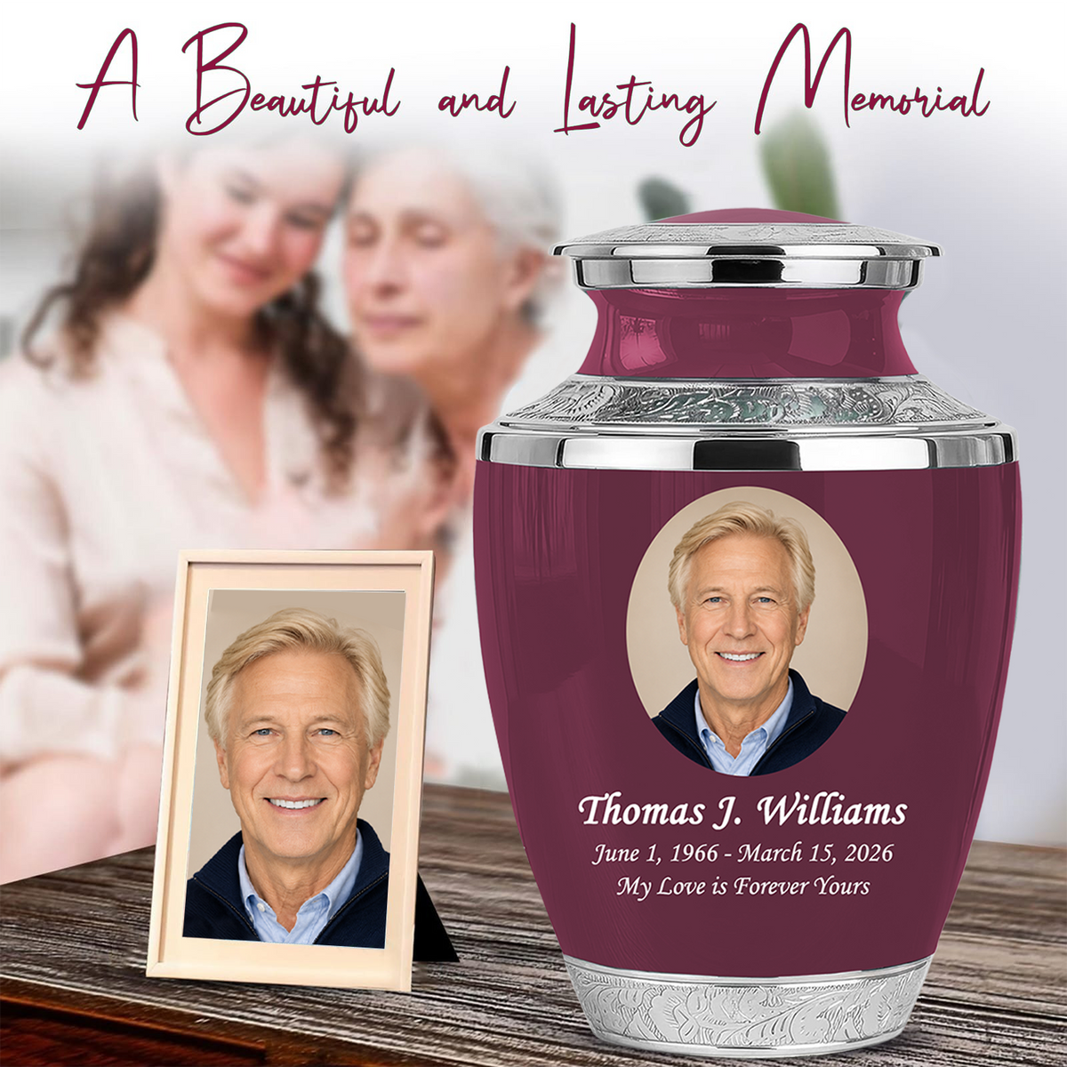 Burgundy Personalized Funeral Urn with Ash Necklace