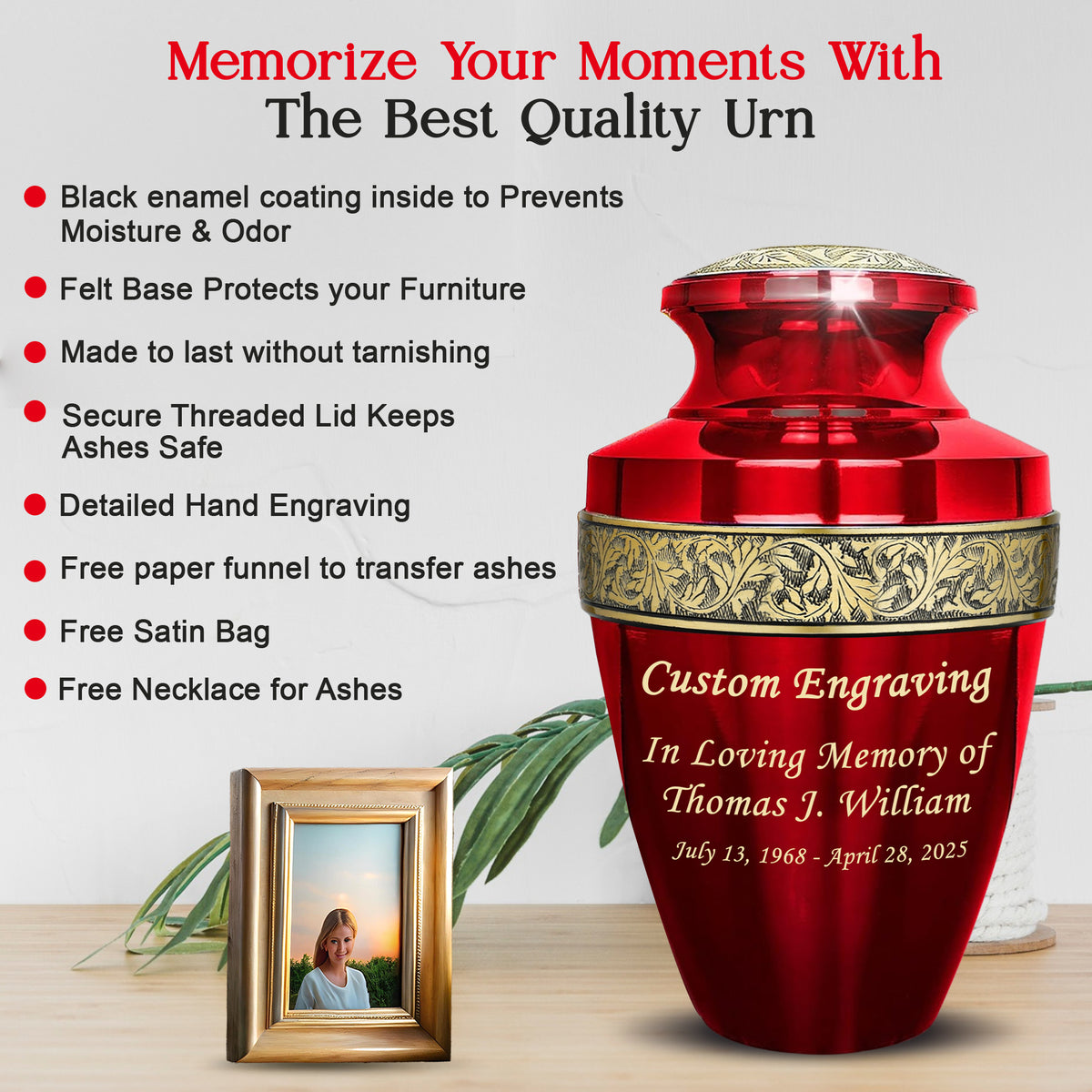 Red Personalized Urn Set of 6 with Ash Necklace