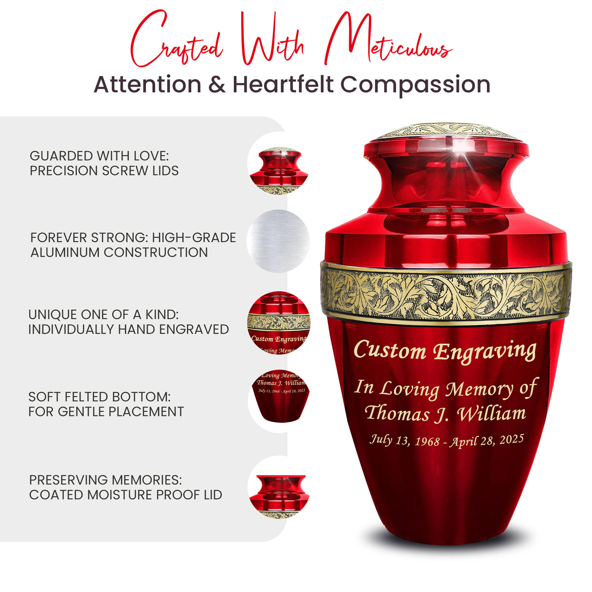 Red Personalized Urn Set of 6 with Ash Necklace