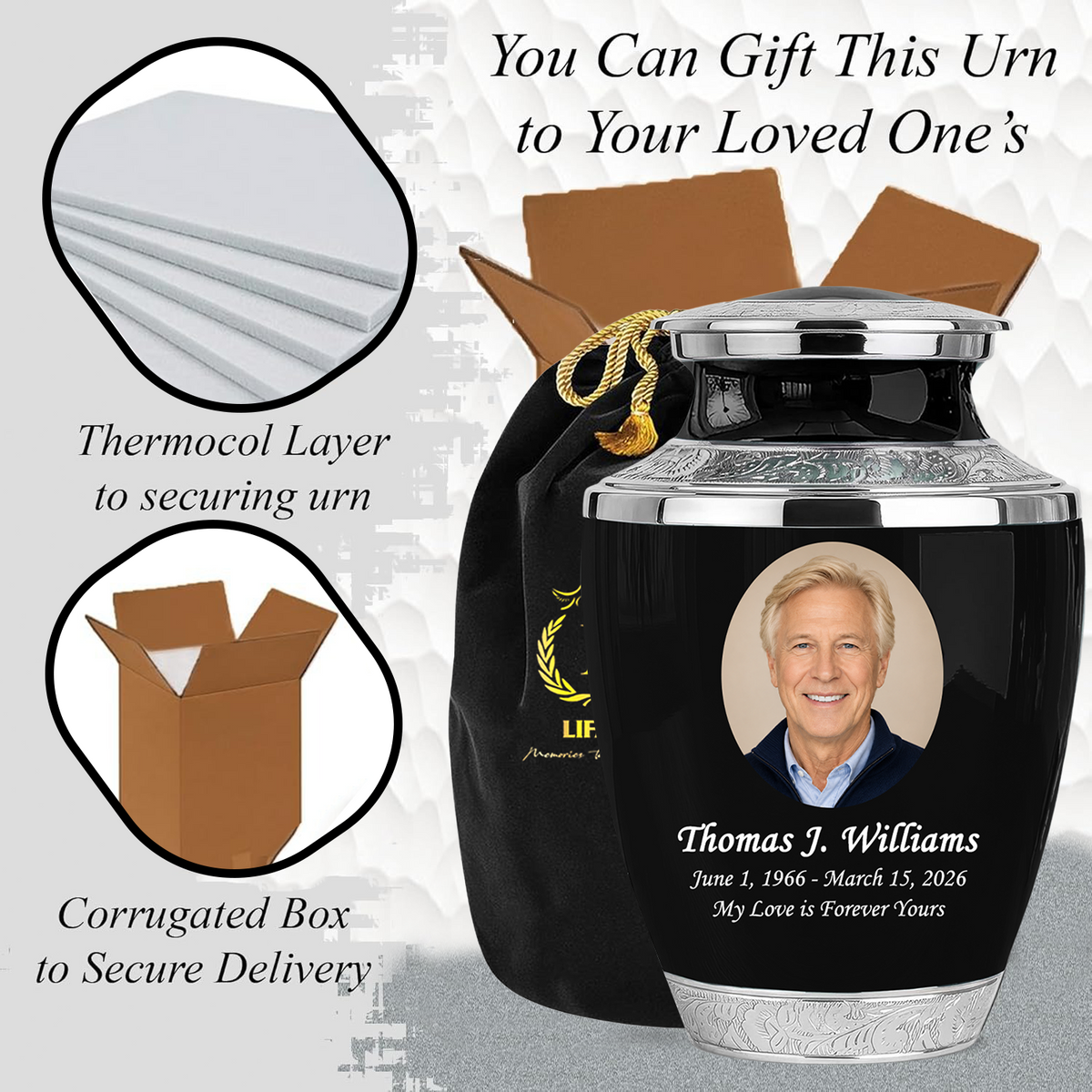 Black Funeral & Cremation Custom Urns for Human Ashes Adult Man