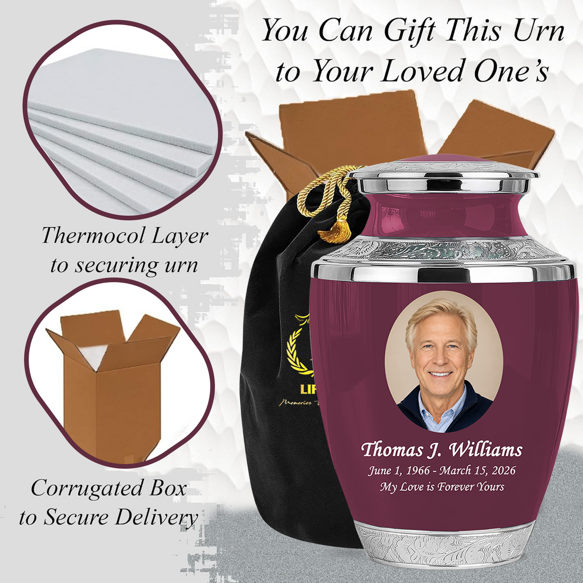 Burgundy Personalized Funeral Urn with Ash Necklace