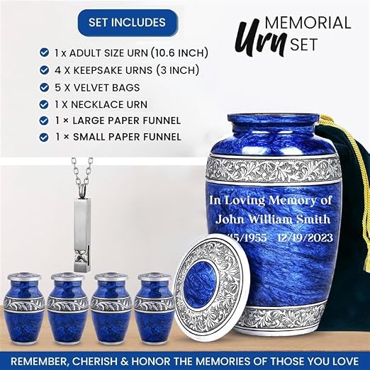 Set of 6 Blue Personalized Funeral Urns with Ash Necklace