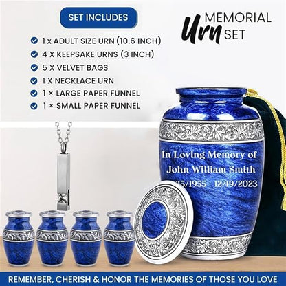 Set of 6 Blue Personalized Funeral Urns with Ash Necklace