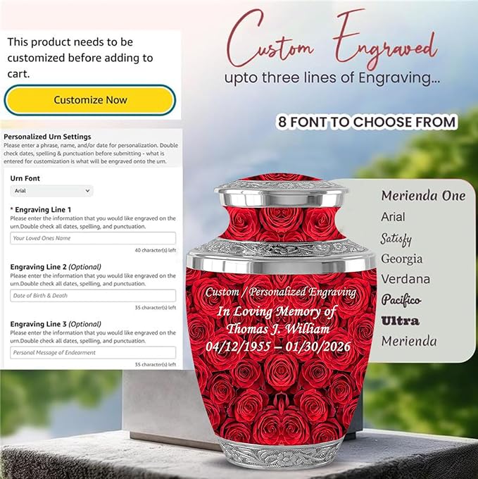 Red Rose Memorial Urn with Ash Necklace & Velvet Bag