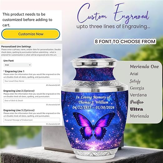Purple Personalized Butterfly Urn – Large Adult Urn with Ash Necklace