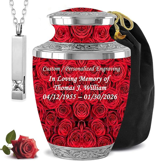 Red Rose Memorial Urn with Ash Necklace & Velvet Bag