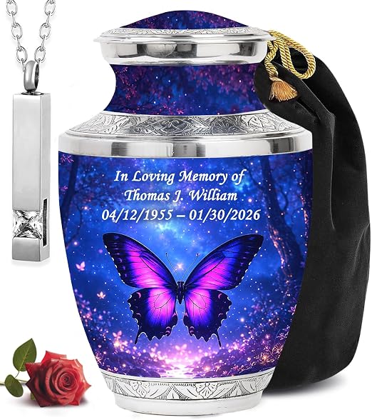 Purple Personalized Butterfly Urn – Large Adult Urn with Ash Necklace