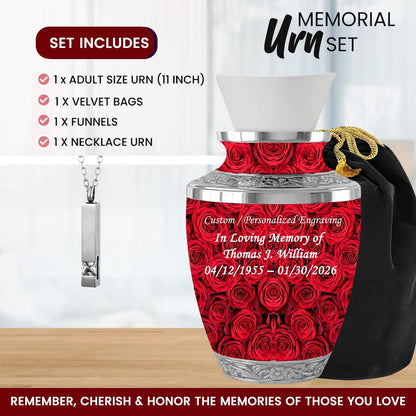 Red Rose Memorial Urn with Ash Necklace & Velvet Bag