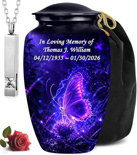 Purple Butterfly Memorial Urn with Ash Necklace