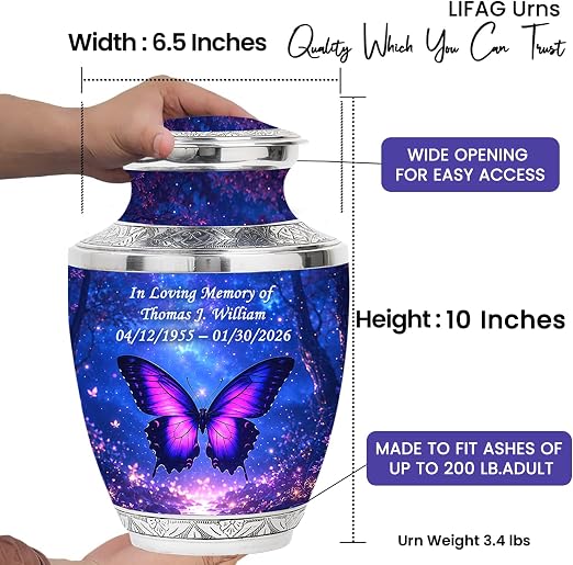 Purple Personalized Butterfly Urn – Large Adult Urn with Ash Necklace