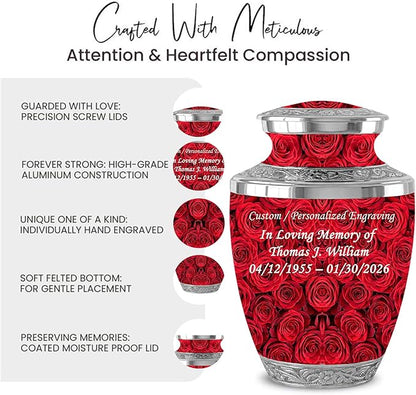 Red Rose Memorial Urn with Ash Necklace & Velvet Bag