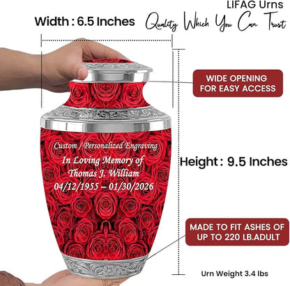 Red Rose Memorial Urn with Ash Necklace & Velvet Bag