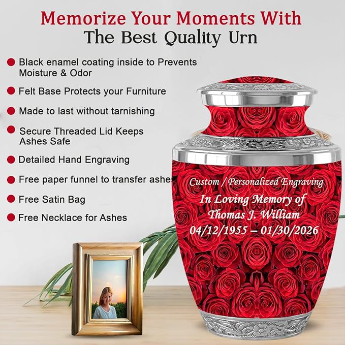 Red Rose Memorial Urn with Ash Necklace & Velvet Bag