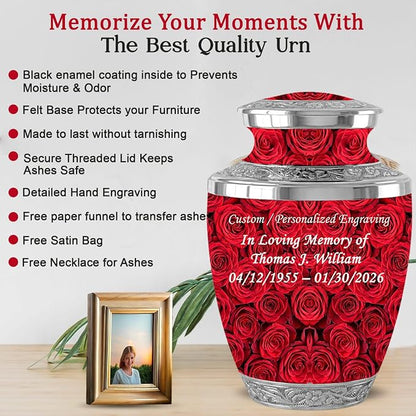 Red Rose Memorial Urn with Ash Necklace & Velvet Bag