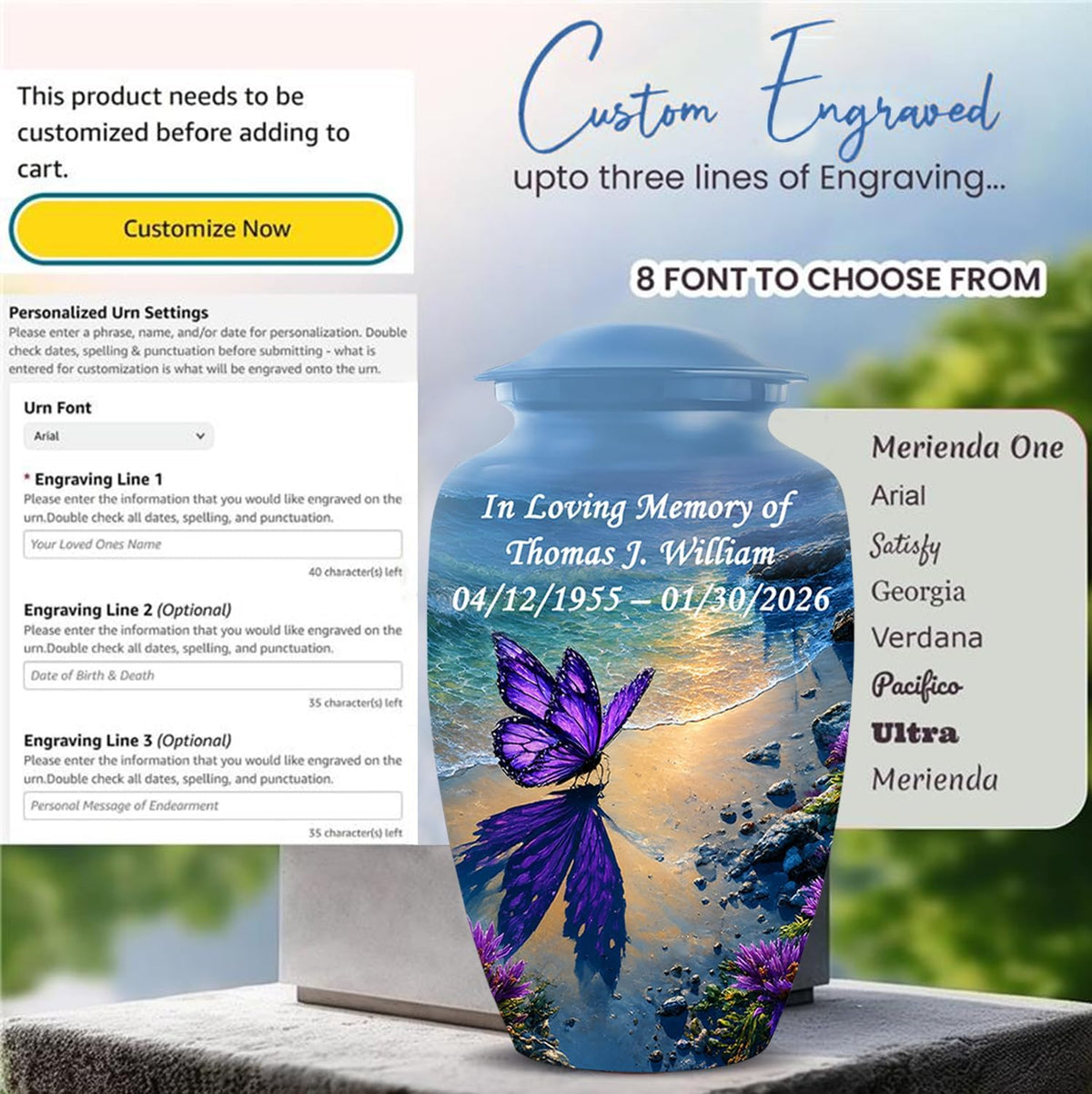 Personalized Butterfly Urn with Ash Necklace