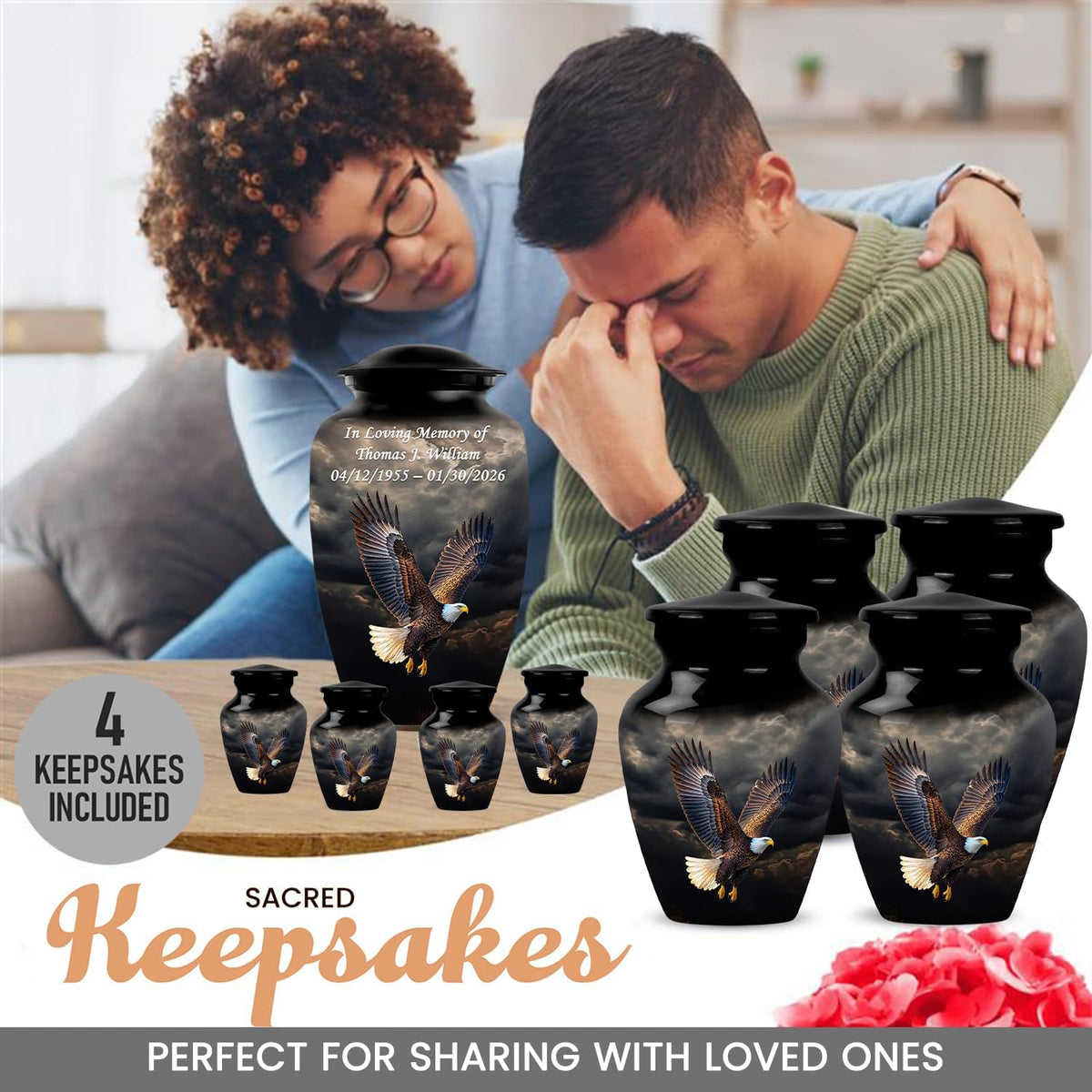 American Eagle Urn Set with Cross Ash Necklace