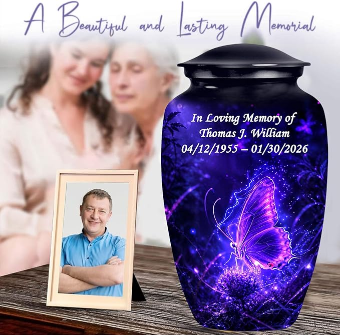 Purple Butterfly Memorial Urn with Ash Necklace