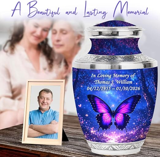 Purple Personalized Butterfly Urn – Large Adult Urn with Ash Necklace
