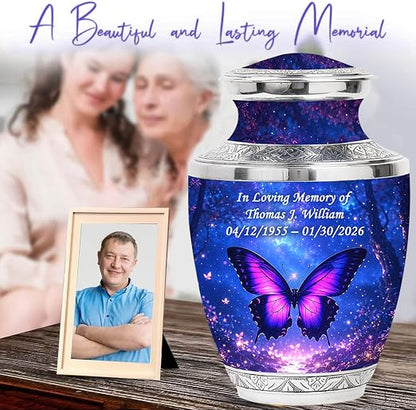Purple Personalized Butterfly Urn – Large Adult Urn with Ash Necklace