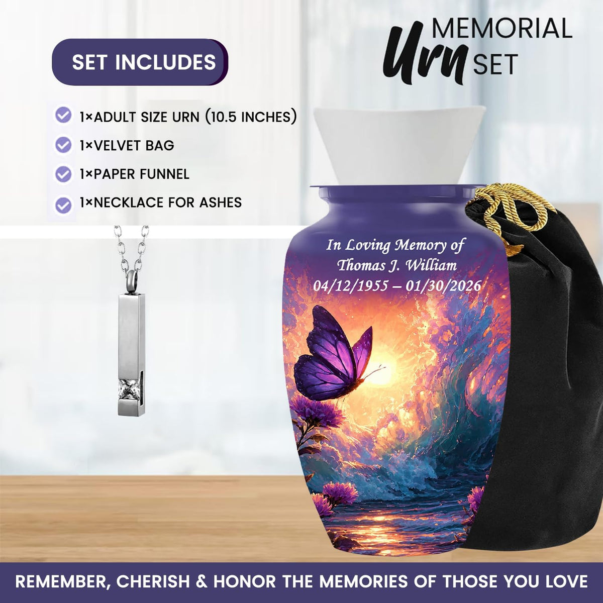 Personalized Butterfly Urn Large Adult Cremation Urn with Ash Necklace