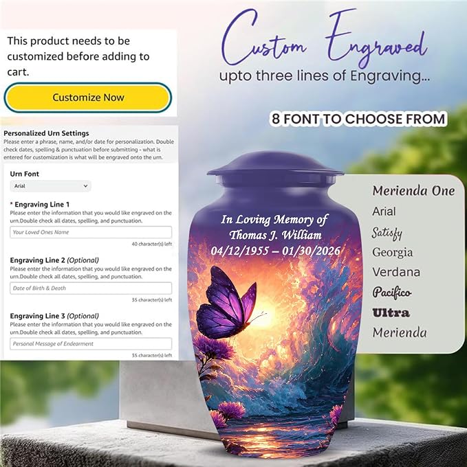 Personalized Butterfly Urn Large Adult Cremation Urn with Ash Necklace