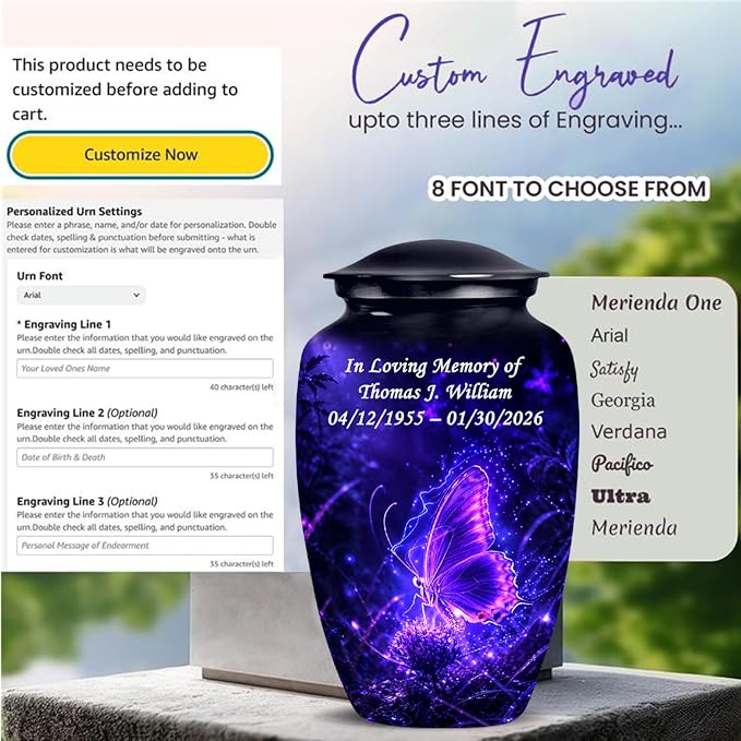 Purple Butterfly Memorial Urn with Ash Necklace