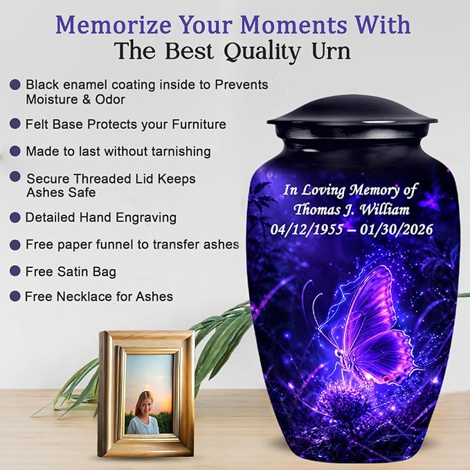 Purple Butterfly Memorial Urn with Ash Necklace