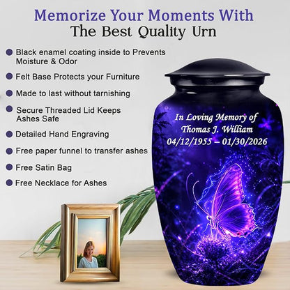 Purple Butterfly Memorial Urn with Ash Necklace