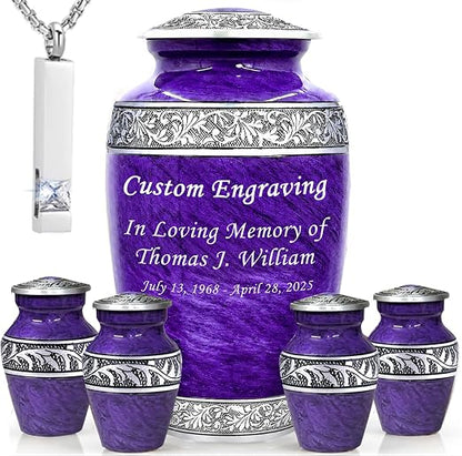 Purple Marble Personalized Urn Set with Ash Necklace