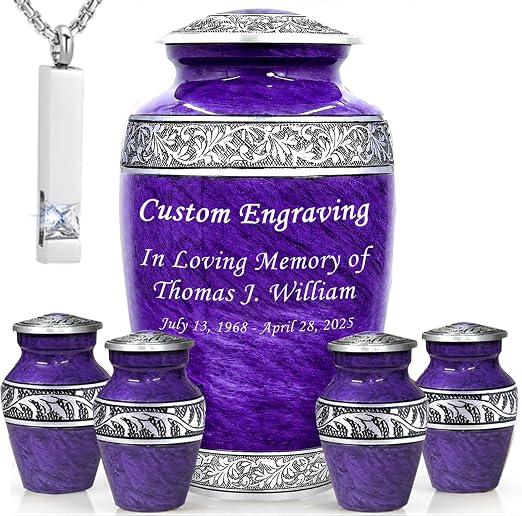 Purple Marble Personalized Urn Set with Ash Necklace