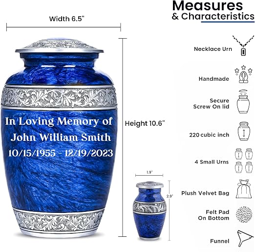 Set of 6 Blue Personalized Funeral Urns with Ash Necklace