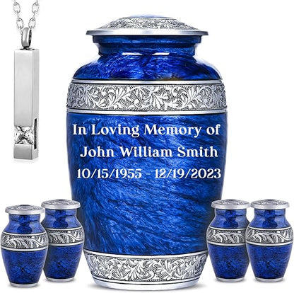 Set of 6 Blue Personalized Funeral Urns with Ash Necklace