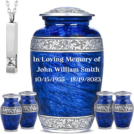 Set of 6 Blue Personalized Funeral Urns with Ash Necklace