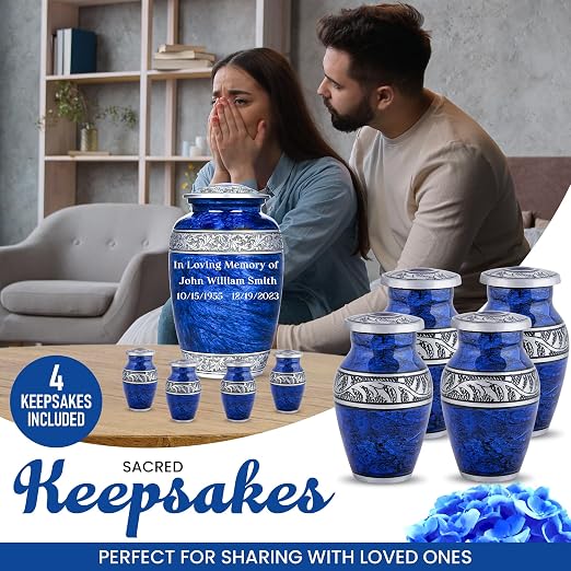 Set of 6 Blue Personalized Funeral Urns with Ash Necklace