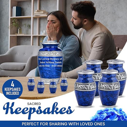 Set of 6 Blue Personalized Funeral Urns with Ash Necklace