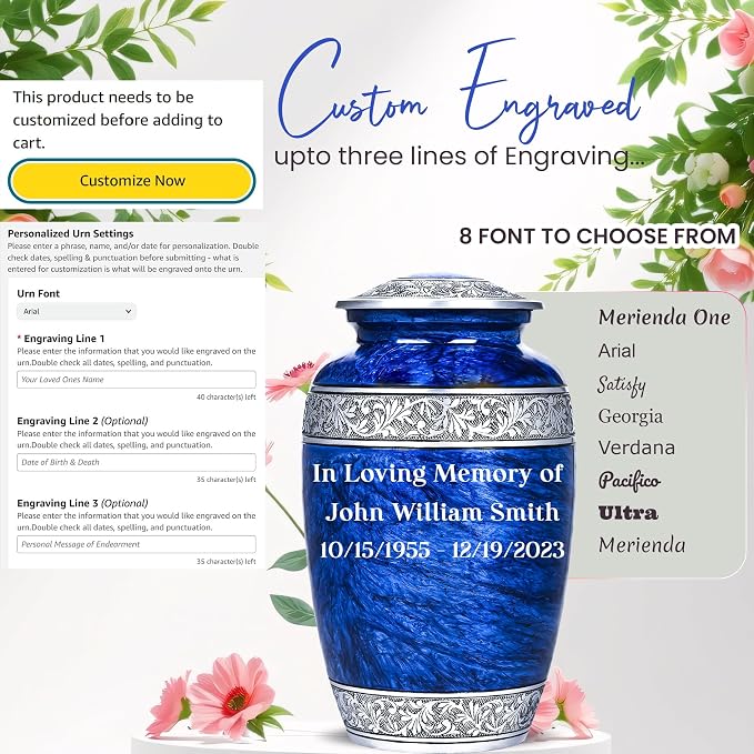Blue Personalized Adult Urn with Ash Necklace
