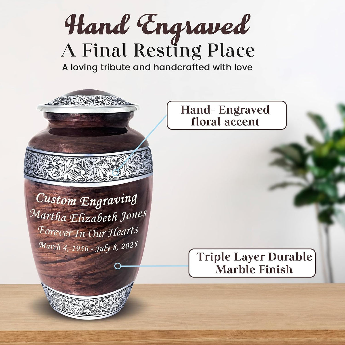 Brown Marble Personalized Urn with Ash Necklace