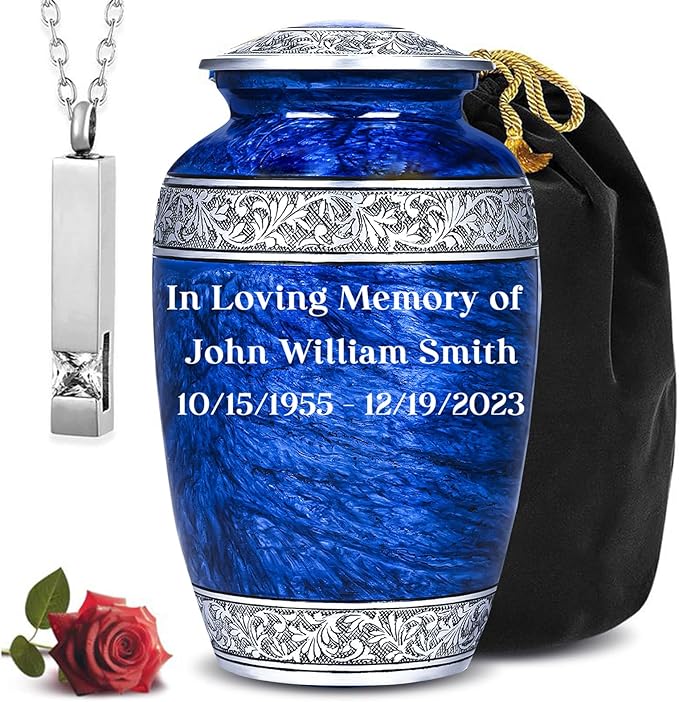 Blue Personalized Adult Urn with Ash Necklace