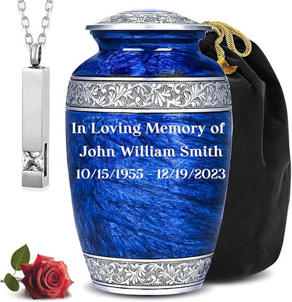 Blue Personalized Adult Urn with Ash Necklace