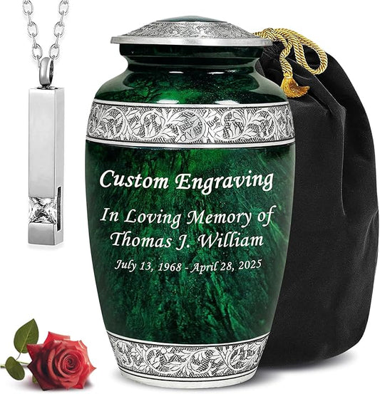 Green Marble Personalized Urn Set with Ash Necklace